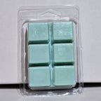 Packaged teal wax melts on a light gray background